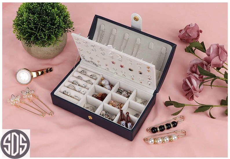 SDS-JT07 Personalized Jewelry Organizer Travel Box Navy Blue unique gift for girls and women