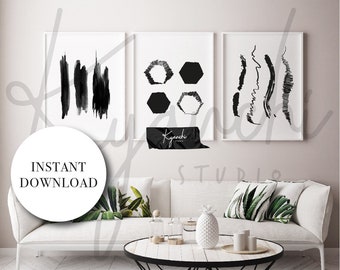 INSTANT DOWNLOAD Set of 3 Black White Monochrome Minimal Scandinavian Painted Brush Strokes Wall Art Home Decor Wall Decor