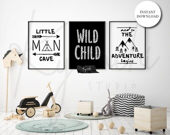 INSTANT DOWNLOAD Bundle Set of 3- Boys- Trio- Nursery Prints Little Man Cave Wild Child Adventure Begins- Nursery Art- DIGITAL File