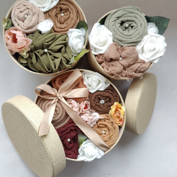 Evergreen textured Hijab Bouquet gift box , Gift set for women, Personalised, Perfumed, Hijab , Bouquet, For her , Flower, Custom, Luxury