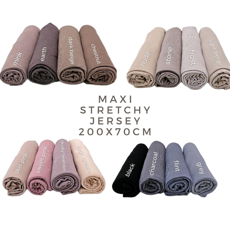 May include: A set of 12 maxi stretchy jersey scarves in various colors, including light beige, frost, grey, flint, nude, stone, chestnut, dark beige, mink, earth, lush cream, dusky lavender, skin pink, and sweet pink. The scarves are 200 cm by 70 cm.