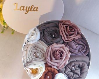 Personalized Hijab Gift Set, Scented Artificial Flowers, Pearl White Hijabs