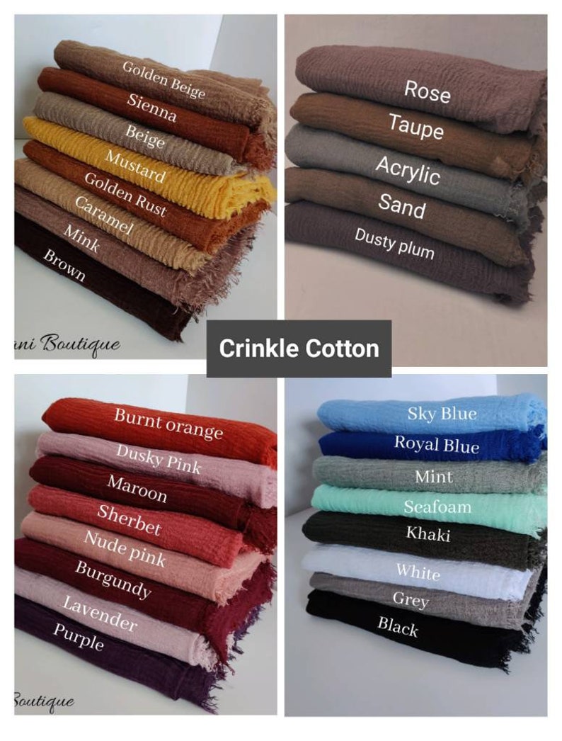 May include: A stack of 10 different colored crinkle cotton scarves. The colors are: golden beige, sienna, beige, mustard, golden rust, caramel, mink, brown, rose, taupe, acrylic, sand, dusty plum, burnt orange, dusky pink, maroon, sherbet, nude pink, burgundy, lavender, purple, sky blue, royal blue, mint, seafoam, khaki, white, grey, and black.