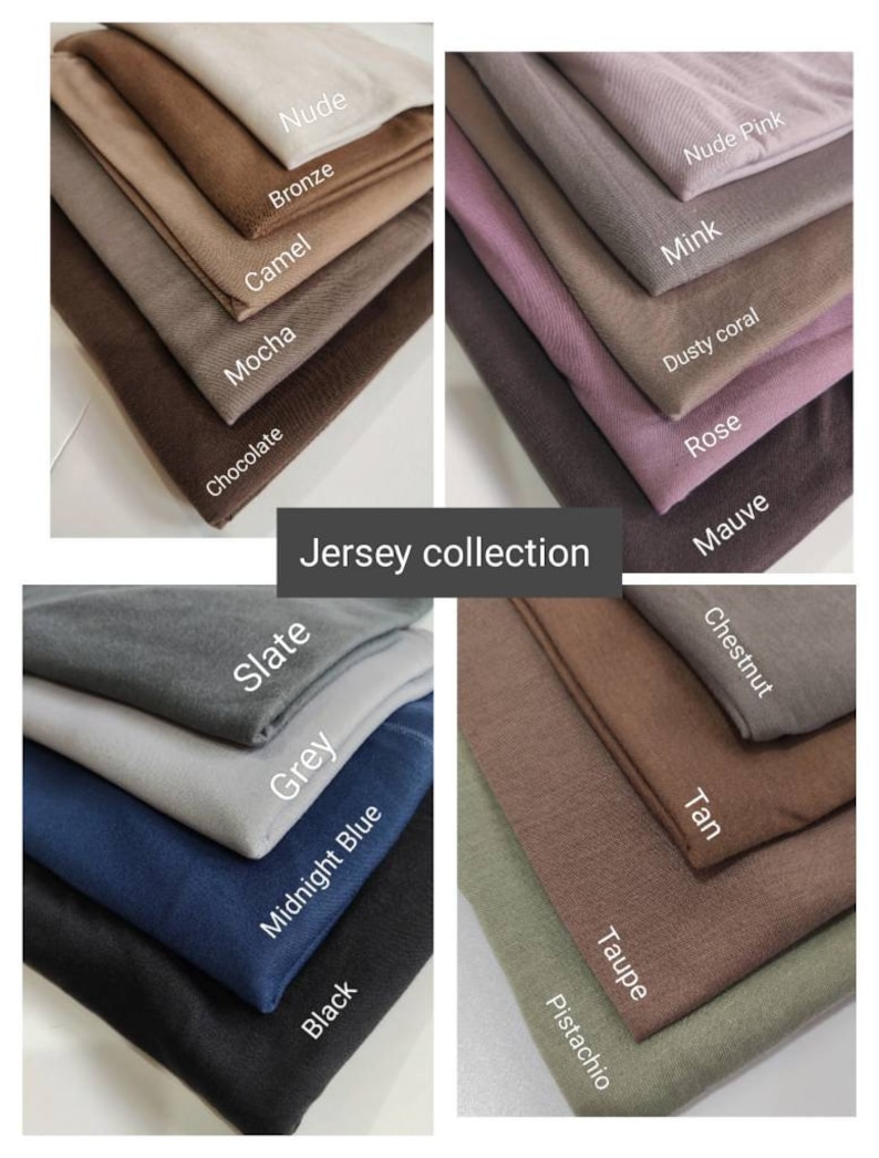 May include: A collection of jersey fabric swatches in various colors, including nude, bronze, camel, mocha, chocolate, slate, grey, midnight blue, black, mink, nude pink, dusty coral, rose, mauve, chestnut, tan, taupe, and pistachio. The swatches are arranged in rows and labeled with their corresponding color names.