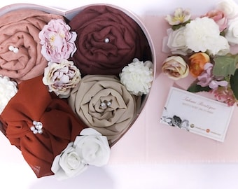 Bouquet de hijab coeur d'or, ensemble cadeau, écharpe, hijab, parfumé, fleurs, pour elle, personnalisé, personnalisé, islamique, mariage, anniversaire