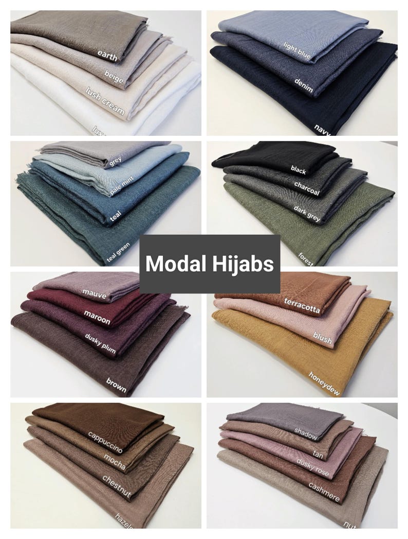 May include: A collection of 20 modal hijab scarves in various colors, including earth, beige, lush cream, teal, grey, pale mint, teal green, mauve, maroon, dusky plum, brown, cappuccino, mocha, chestnut, hazel, light blue, denim, navy, black, charcoal, dark grey, forest, terracotta, blush, honeydew, shadow, tan, dusky rose, and cashmere.