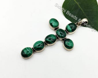 Malachite Cross Pendant, Green Malachite Cross Necklace, Sterling Silver Malachite Pendant, Natural Malachite Gemstone Jewelry
