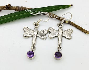 Amethyst Gemstone Butterfly Earring, 925 Silver Butterfly Earrings, Butterfly Shape Earring, Purple Amethyst Dangle Earrings