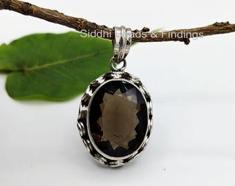 Smoky Quartz Pendant, 925 Sterling Silver Pendant, Natural Smoky Quartz Jewelry, Oval Smoky Quartz Pendant, Faceted Smoky Quartz