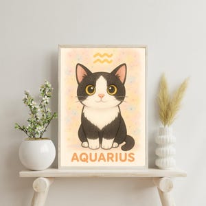 Póster de Gato Acuario – Arte de Astrología – Regalo Único para Amantes de los Gatos – Descarga Instantánea – Decoración de Signo Acuario