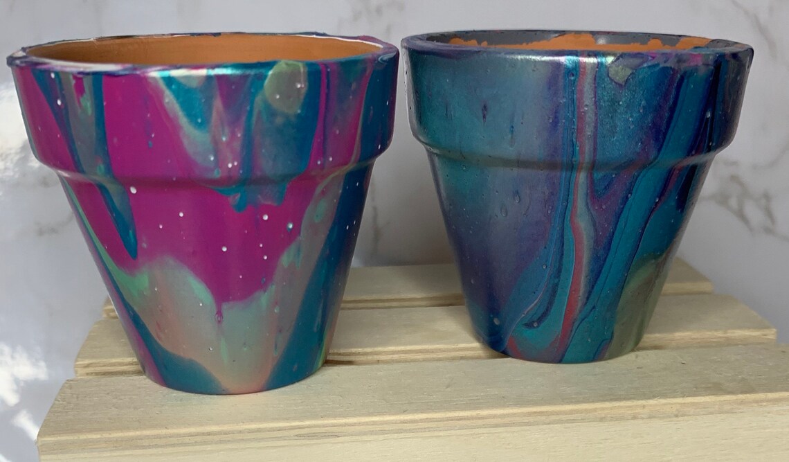 Terracotta 2 garden pots painted with acrylic fluid paints in Etsy