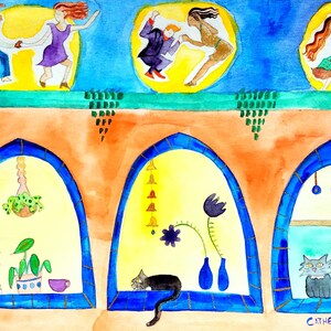 Dancing on the Rooftop | 10 x 8 Print | Cute Cats in the Window Illustration | Swing Dance Art | Colorful City Wall Art