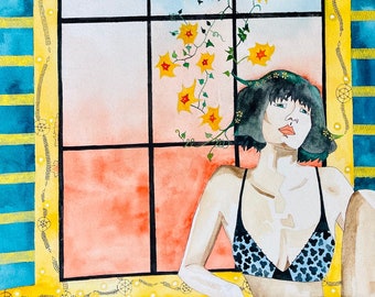 Mujer en alféizar de ventana / Impresión 8 x 10 / Obras de arte de mujeres hermosas / Ilustración floral de mujer / Decoración de pared