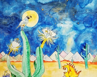 POLARis GRANDE / Impresión de 18 x 24 / Paisaje de codorniz y desierto / Pintura de cactus / Impresión de arte de pájaros coloridos / Impresión de constelaciones