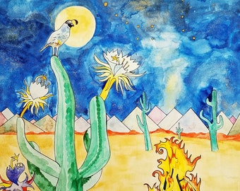 Polaris / Impresión 12 x 16 / Paisaje de codorniz y desierto / Pintura de cactus / Impresión de arte de pájaros coloridos / Impresión de constelaciones