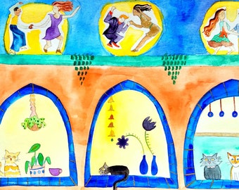 Bailando en la azotea / Impresión de 10 x 8 / Lindos gatos en la ventana Ilustración / Arte de baile swing / Colorido arte de la muralla de la ciudad