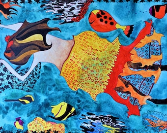 Mujer nadando con peces tropicales Agua color Estampado / 8 x 10 Impresión / Ilustración de arte tropical / Océano