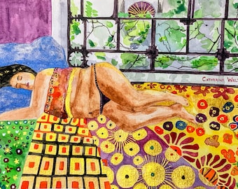 Dormir en Milán / Impresión 8 x 10 / Arte de inspiración italiana / Hermosa mujer de figura completa / Ilustración de ensueño / Decoración de pared