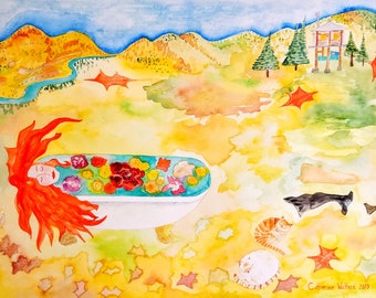 Descansa en el otoño / Impresión 8 x 10 / Arte de cuento de hadas pelirrojo / Linda pintura de gato / Ilustración de otoño / Impresión de cabaña en el bosque / Arte de cuidado personal
