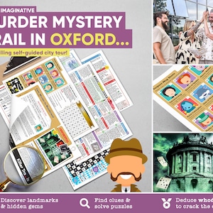 Könnte beinhalten: Ein farbenfroher illustrierter Leitfaden für eine Mord-Mysterium-Schnitzeljagd in Oxford, England. Der Leitfaden enthält eine Karte, Hinweise, Rätsel und Verdächtigen-Fotos. Der Text auf dem Leitfaden lautet "New & Imaginative Murder Mystery Trail in Oxford... A thrilling self-guided city tour!"