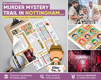 May include: A murder mystery game set in Nottingham, England. The game includes a map, clues, and suspect cards. The game is designed for groups of people to play together.  The game is a treasure hunt with a whodunit twist.