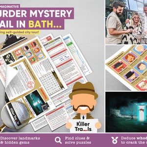 Op de afbeelding: Een moordmysterie-spel dat zich afspeelt in Bath, Engeland. Het spel bevat een kaart, aanwijzingen en verdachtenkaarten. Het spel is ontworpen om te worden gespeeld als een zelfgeleide rondleiding door de stad.