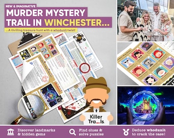 May include: A murder mystery game set in Winchester, England. The game includes a map, clues, and character cards. The game is designed for players to solve a murder mystery by following clues and solving puzzles. The game is a fun and engaging way to explore the city of Winchester.
