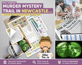 May include: A murder mystery game set in Newcastle, England. The game includes a map, clues, and a magnifying glass. The game is designed to be played by a group of people. The game is a puzzle-filled treasure hunt with a whodunit twist.