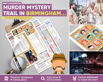 May include: A murder mystery trail game set in Birmingham, England. The game includes a map, clues, and suspect cards. The game is designed to be a self-guided tour of the city.
