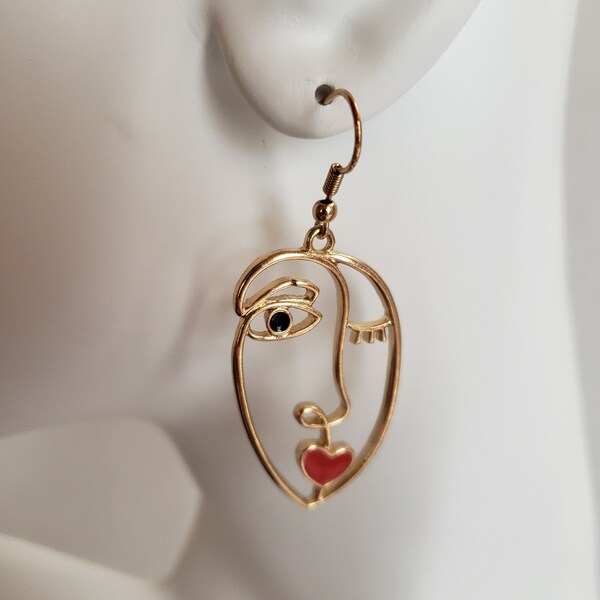 Women's Face Earrings, Long Lady Face Earrings, Gold Whimsical Earrings, Artistic Earrings