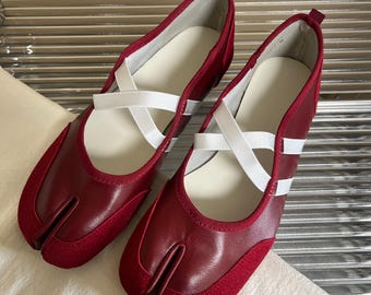 Tabi Sneakers Schuhe, Frauen Ballerinas, handgefertigte Schuhe, Rot Gelb Split Toe Ballerina Tabis
