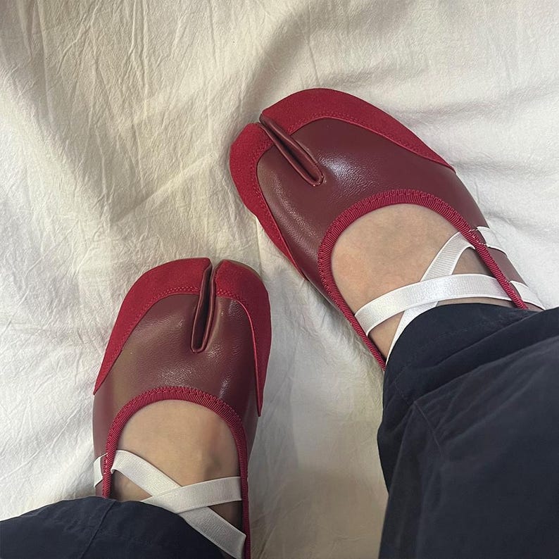 Tabi Sneakers Shoes,Women Ballet Flats,Handmade Shoes,Red Yellow Split Toe Ballerina Tabis image 1