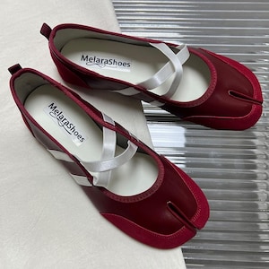 Tabi Sneakers Shoes,Women Ballet Flats,Handmade Shoes,Red Yellow Split Toe Ballerina Tabis image 4