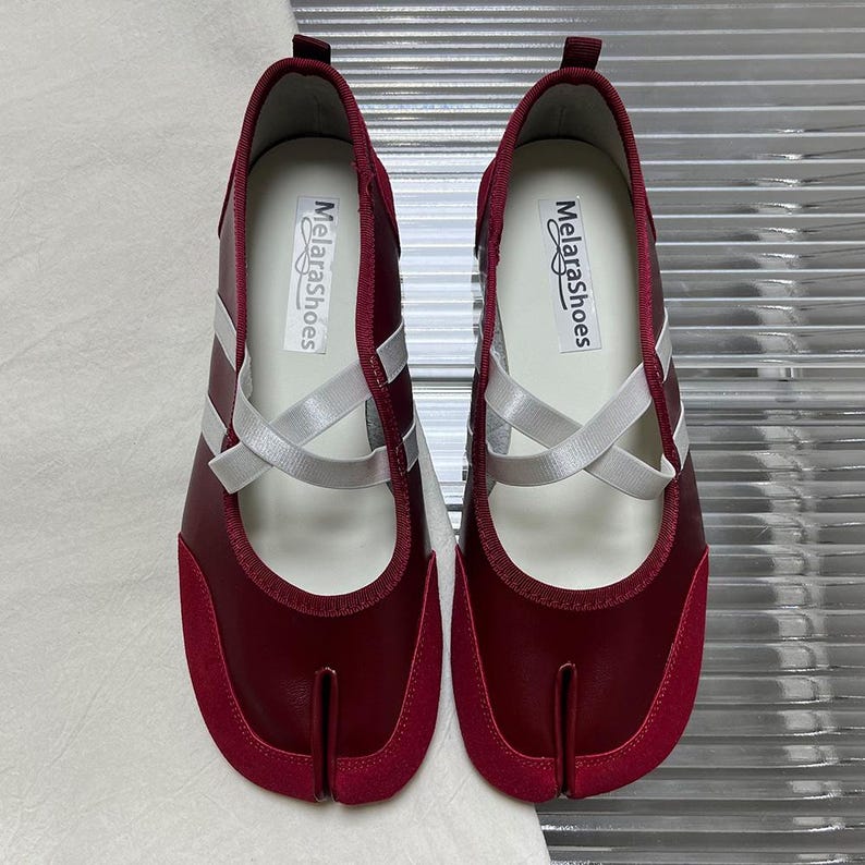 Tabi Sneakers Shoes,Women Ballet Flats,Handmade Shoes,Red Yellow Split Toe Ballerina Tabis image 5