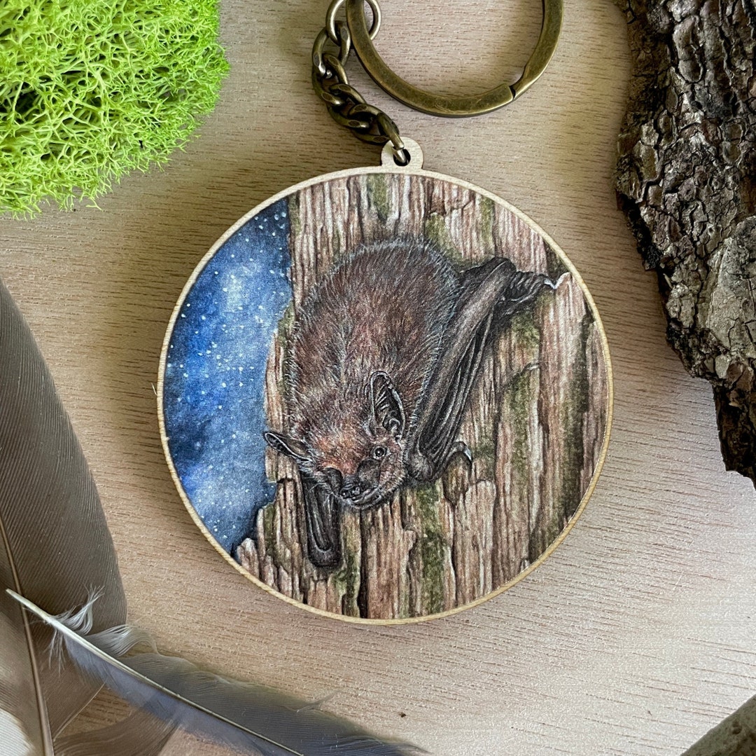 Bat Keychain Bat Art Bat Watercolor Bat Gifts Big Brown Bat Wooden