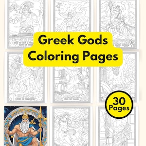 May include: A set of 30 coloring pages featuring Greek gods. Each page has a black and white illustration of a different god, with their name and title written below. The illustrations are detailed and intricate, and the pages are perfect for adults and children who enjoy coloring.