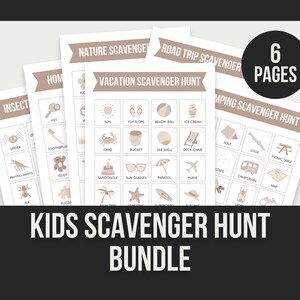 Puede incluir: Un conjunto de seis listas de búsqueda del tesoro imprimibles para niños. Las listas presentan una variedad de temas, que incluyen naturaleza, viajes por carretera, vacaciones y campamentos. Cada lista tiene un fondo beige con texto negro e ilustraciones.