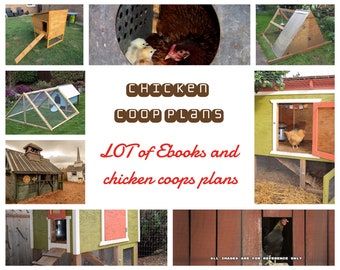 Puede incluir: Un collage de imágenes que muestran diferentes diseños de gallineros. El texto "CHICKEN COOP PLANS" y "LOT of Ebooks and chicken coops plans" se muestra en rojo.