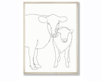 Minimalist Cow And Baby Calf Line Drawing Modern Farmhouse Art Instant Download Printable