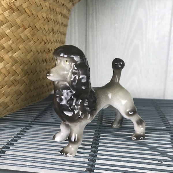 Vintage Porcelain Poodle Dog Figurine Collectible Black Gray Standing Japan