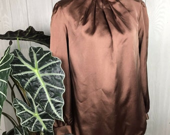 Vintage High Neck Long Sleeve Rear Button Blouse Copper Brown Size 11/12