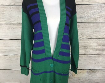 Ami Neiman Marcus Vintage Size 10 Button Front Long Knit Cardigan Sweater Blue Green