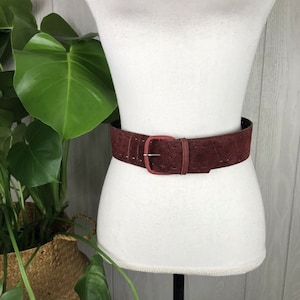 Vintage Suede Leather Uruguay Maroon Red Belt Size Small Leather Covered Buckle
