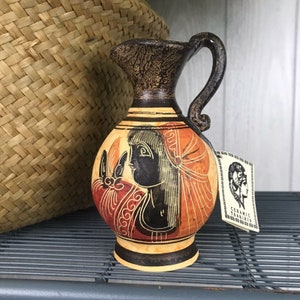 New Greek Terracotta Vase Pitcher Etched Handmade Painted With Handle Made In Greece