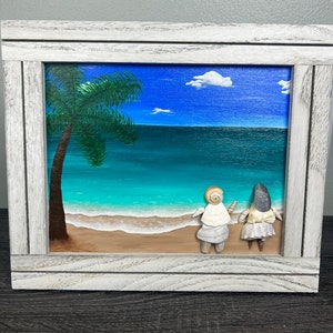Hand Painted Beach Scene With Shell People 8x10 With Frame