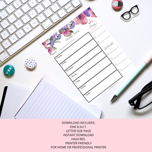 May include: A white weekly schedule planner with floral accents and the words "Weekly Schedule" and "Priority" printed on it. The planner includes a to-do list and days of the week. The text "DOWNLOAD INCLUDES: ONE 21.6 x 27.9 cm LETTER SIZE PAGE" is also visible.
