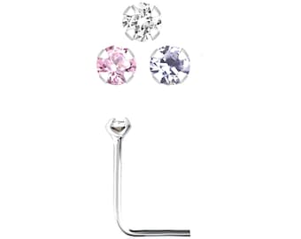 Sparkly 925 Sterling Silver Nose Stud L Clear, Light Pink, Hint Blue Lilac, Light Amethyst CZ gem 1.2mm,1.25,1.3,1.4,1.5 2, 2.5mm/22g 0.6mm