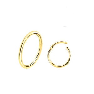 May include: Two gold-colored hoop earrings. One is a large oval shape, and the other is a smaller, open circle. Both earrings have a shiny, polished finish and are set against a white background.
