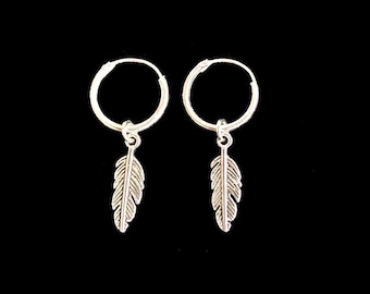 925 Sterling Silver Hoop Earrings with Drop Feather Charm - 8mm or 10mm Hoops