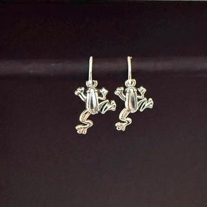 May include: A pair of silver-toned drop earrings featuring a detailed frog design. Each earring consists of a small metal frog charm suspended from a simple silver-toned hoop wire, showcasing a polished metallic finish and distinct amphibian features.